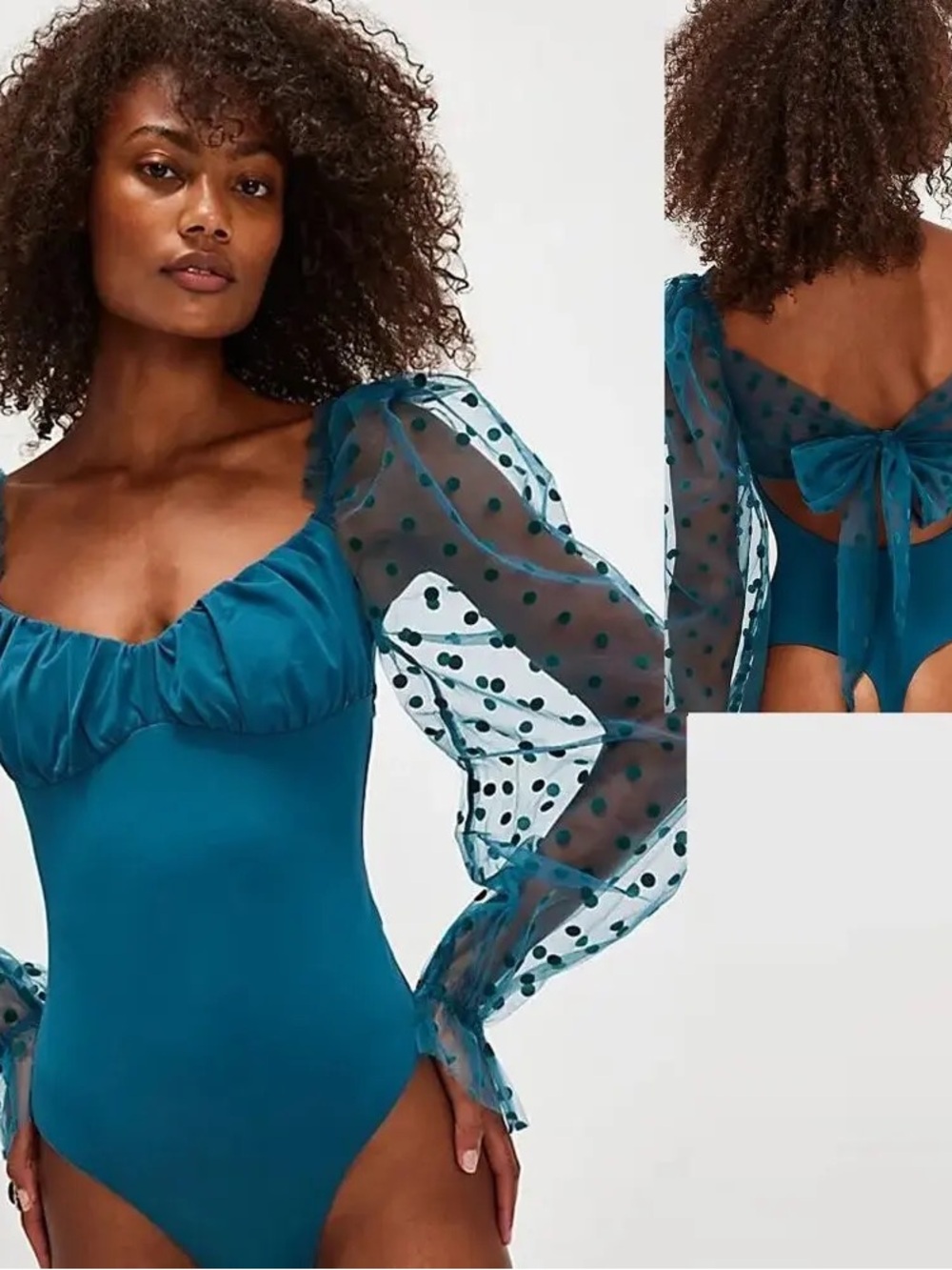 NWT Free People Molly At Midnight Mesh Polka Dot Puff Sleeve Bodysuit